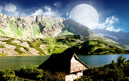 dreamy mountain - sky, dream, lake, mountain