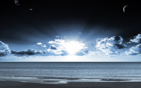 Blue Calm Sunset - moon, clouds, see, sun