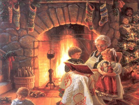 Homage our Grandmothers - xmas, reading, x-mas, fire, book, cold, holiday, lovely xmas scene, feast, chlldren, winter, night, silent, grandmother, christmas, abstract, holidays, merry christmas, snow, fire place, grandma, white hair