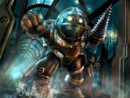 Big Daddy Protecting Little Sister - big daddy, rapture, bioshock, 3d and cg, dark, little sister