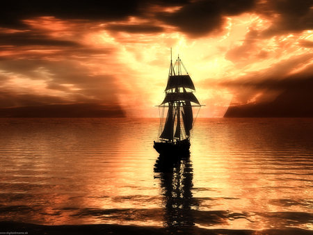 towards the unknown - calm, ship, sunset, sea