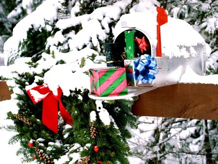 Snowy Mailbox full of presents  - christmas - holiday - giving - joy - mailbox - snow