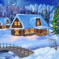 Peaceful Christmas night in a log cabin.