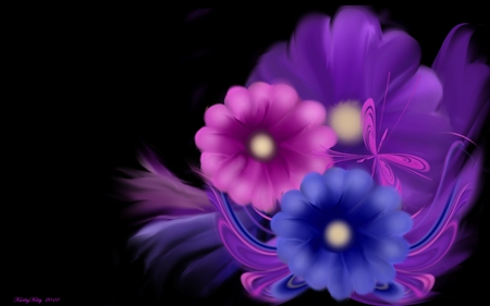 Fantasy Flower bouquet - blue, colors, pink, bouquet, flowers, cg, digital paint, black, fantasy, purple, 3d, color, ribbons