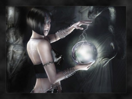 Black Magic - girl, magic, black, fantasy, witch, art, abstract, snake, globe