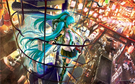 Miku - anime, anime girl, vocaloid, female, people, girl, city, night, light, cute