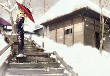 Snow Day - anime, anime girl, female, snow, girl, stairway, umbrella, cute, stair, building, walkway