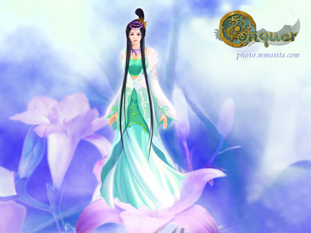 Chinese princess - girl, blue, green, black, flower, lavender