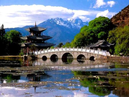 Chinese bridge - trees, blue, green, lake, mountains, rooftop, sky, bridge