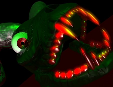 Teeth of the Green Demon - black, red, green, demon, dark, horns