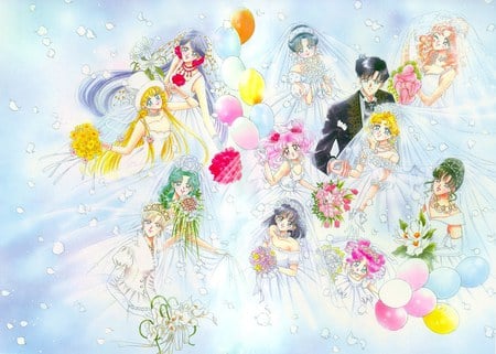 Sailors Wedding - bride, anime, anime girl, sailormoon, female, balloon, wedding, girl, flower, girls, group, cute