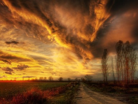 A moment in time - clouds, trees, foilage, sunset, beautiful, road, field, sky