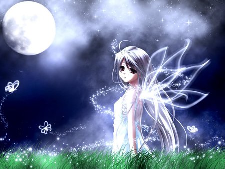 Blue fairy - moon, fairy, anime, blue