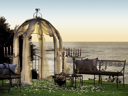 Romance - champagne, gazebo, rose petals, wedding, dusk, romance, ocean