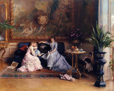 Gustave Leonard de Jonghe. 'The afternoon visit.' - costume, painting, romantic art, belgium, family