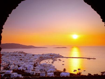 The Cyclades Islands at Sundown - harborwhite, greek, window, sea, island, gold, village, sunset, greece, houses, sun, sky