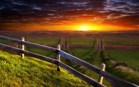 Watch Your Step - sky, path, ray, fence, beauty, clouds, sun, grass