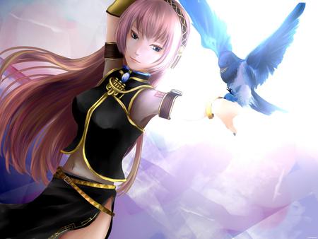 Bird and Megurine Luka - bird, anime, anime girl, vocaloid, female, hot, girl, animal, cute, sexy