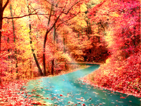 Autumn Road - trees, yellow, seasons change, blue, brown, beautiful, road, peace, trough, forests, autumn, red, green, sun