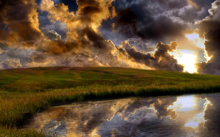 Climate Changing - lake, reflection, clouds, field, grass