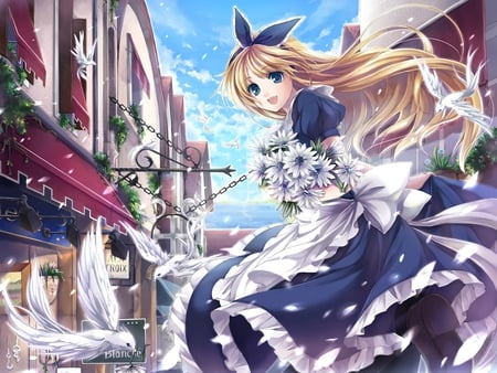 Bird Flowers Maid - building, girl, female, anime girl, bird, pretty, city, scenery, anime, animal, flowers, cute, flower