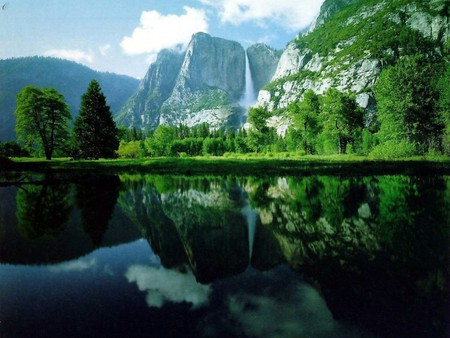 Beauty at it's finest - lake, trees, falls, mountians, water, moss, waterfall, folige, reflection, beautiful, clouds