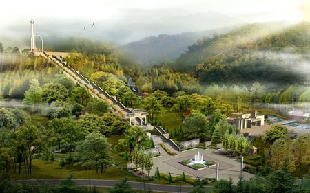 CHINA NATURE - trees, waterfalls, birds, fog, road, china, buildings, stairs, digital, mist, plants, monuments, art, park