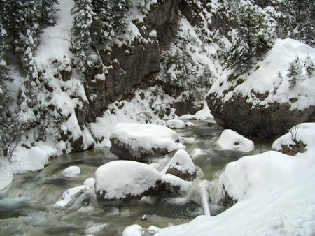 Winter in Romania - winter, rock, pine, river