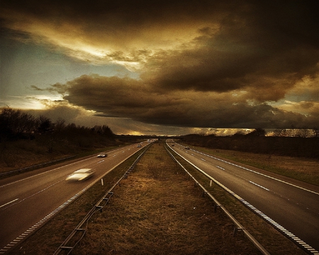 STORM AT TWILIGHT - storm, clouds, approaching, twilight, road, dark