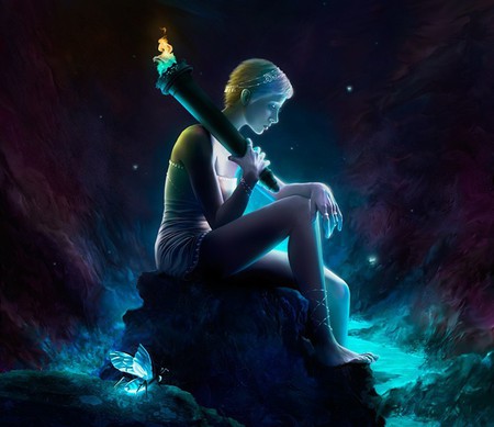 An old flame - flame, girl, torch, blue