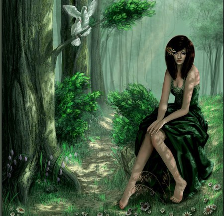 fantasy girl - trees, girl, forest, green, pigeons, flowers