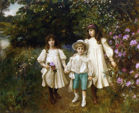 George Harcourt. 'Meriel Cynthia and George Perkins.' - garden, painting, victorian, children, art, english