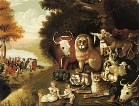 American Artist. Edward Hicks. 1840 1845. 'A Peaceable Kingdom.' - symbolism, allegory, native americans, infants, animals