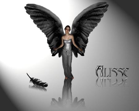 Alisse - black, winged, silver, wings, dress, angel