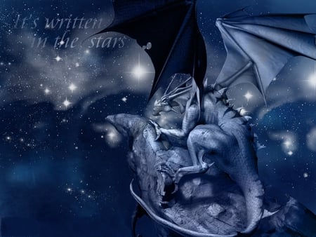 WRITTEN IN THE STARS - moon, dragon, night, stars