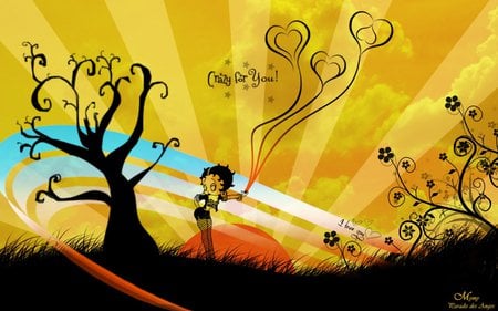 Betty Boop - clouds, vines, betty, vector, tree, flowers, balloons, betty boop, color burst, sun, hearts