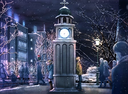 Anime - anime, anime girl, scenery, people, tower, girl, clock, city, night, cute, building