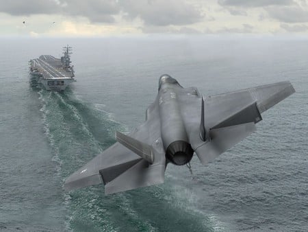 big bird landing - aircraft carrier, over sea, f 22 raptor