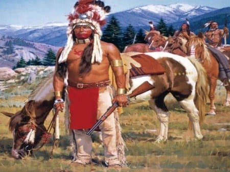 the big chief - horses, indians, mountains, rifle