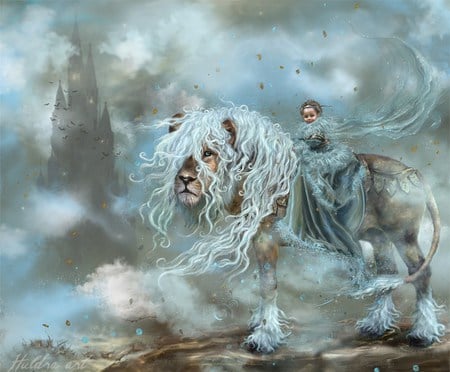 blue lions king - king, castle, fantasy world, lion, blue