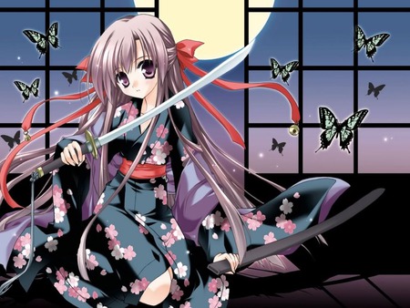 Butterfly beauty, - moon, anime, butterfly, sword, beauty, night