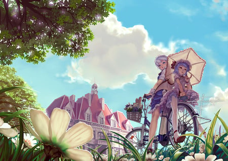 Girls on Bicycle - building, female, girl, anime girl, bicycle, cloud, umbrella, anime, house, tree, cute