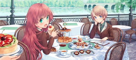 Want to joint us - male, lake, female, girl, water, snack cake, anime girl, art, boy, anime, food, cute