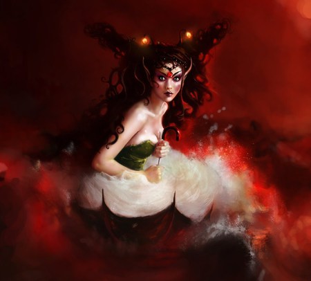 red elf - elf, girl, red, smoke, fairy, fantasy