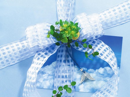 Blue Gifts - clouds, lacy bow, present, gift, angel wings, green petals