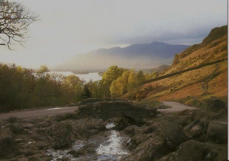 Ashness Bridge.Yorkshire - river, hills, road, rocks, bridge