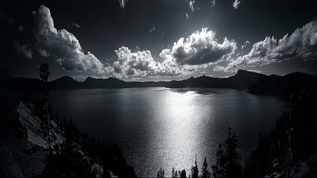 Black And White - clouds, trees, brightness, light, lakes