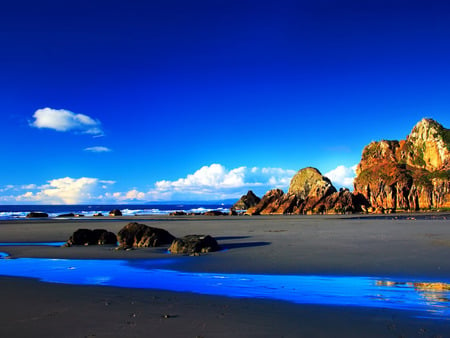 Nature scenery - clouds, blue, beach, beautiful, rocks, sky