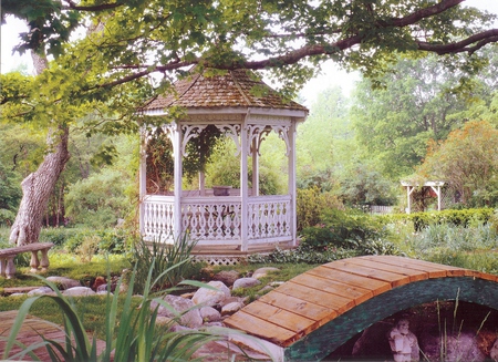 Gazebo In Springtime - spring, trees, gazebo, bridge