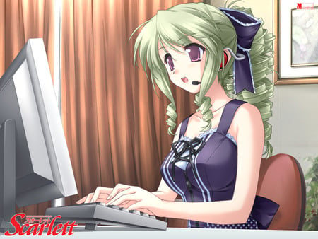 Scarlett - anime, anime girl, female, girl, computer, cute, room